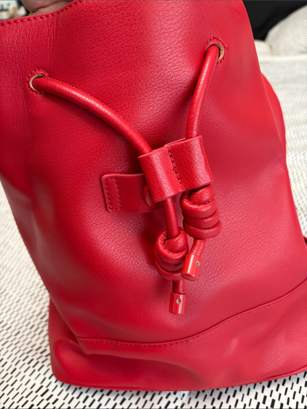 ZARA Red Pebbled Leather Drawstring Backpack - Picture 2 of 8